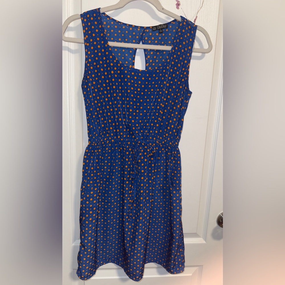 Blue comfy dress with orange polka dots & pockets & tie string